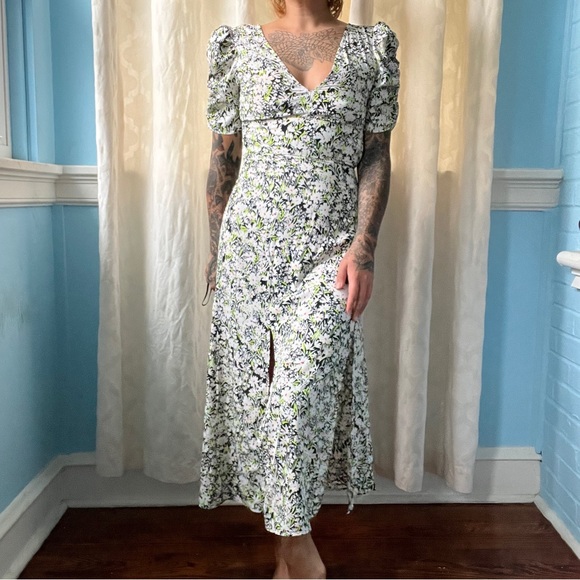 topshop neon yellow floral midi dress low v front & back size 2 - Picture 1 of 6